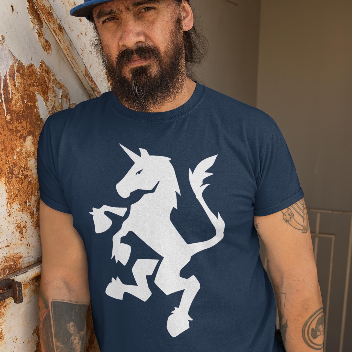man wearing the uniconr rampant tshirt