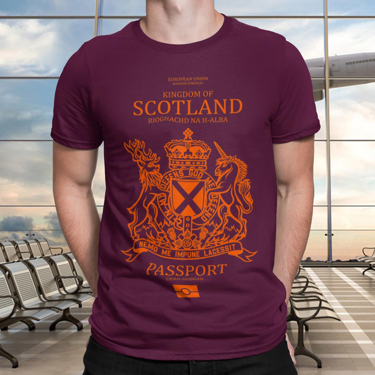 man wearing the burgundy scottish passport tshirt