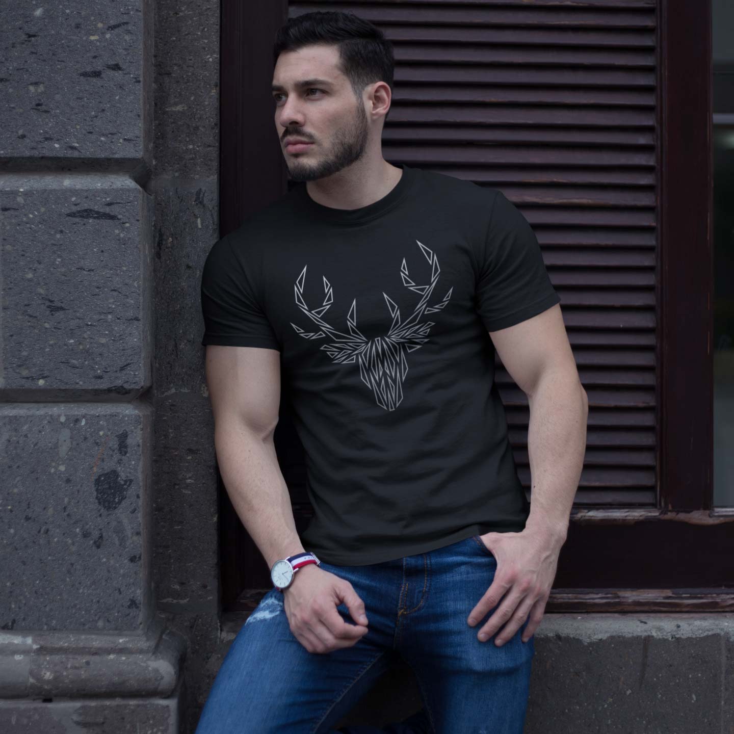 man wearing the silver stag tshirt