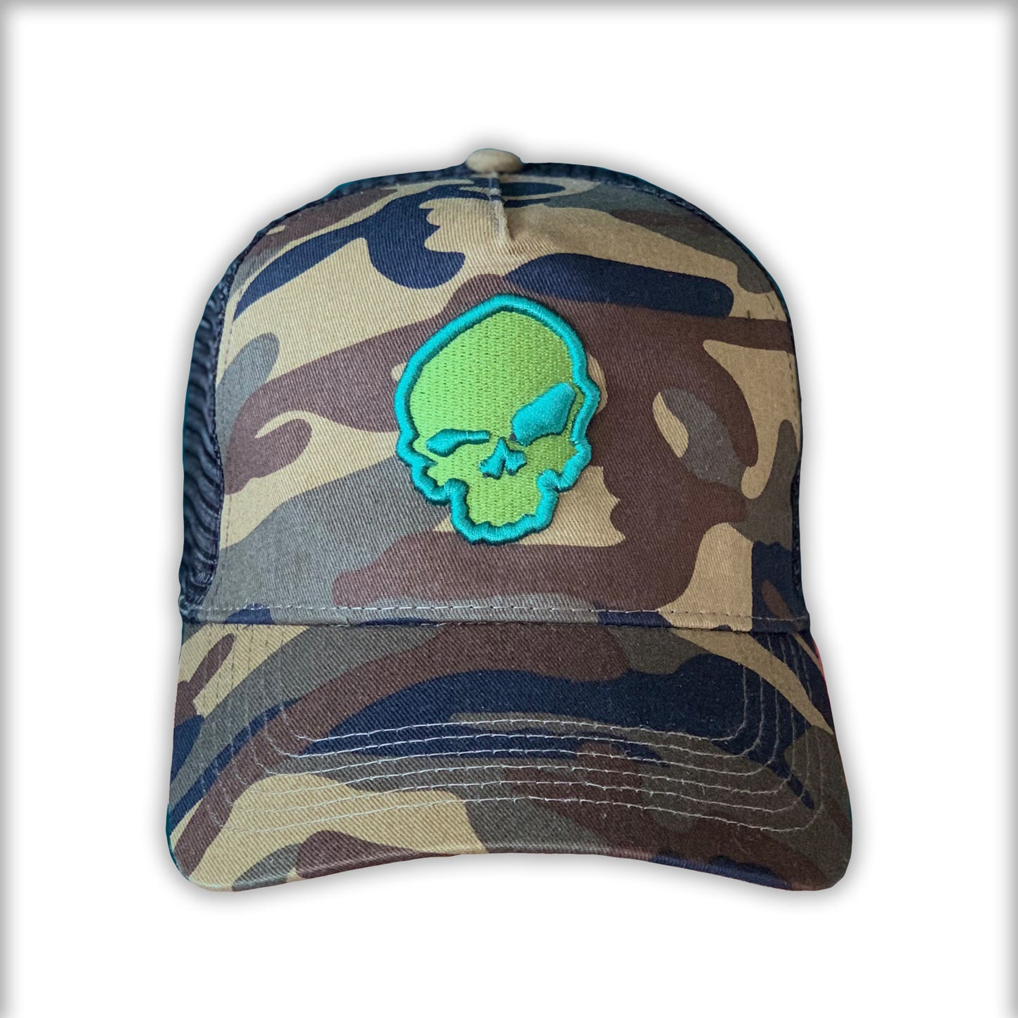 jungle camouflage with a green pirate skull embroidery
