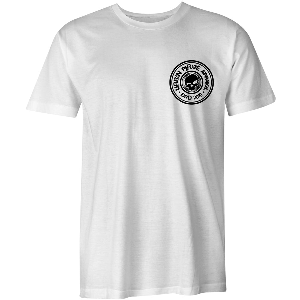 white t-shirt with the urban pirate logo at the pocket