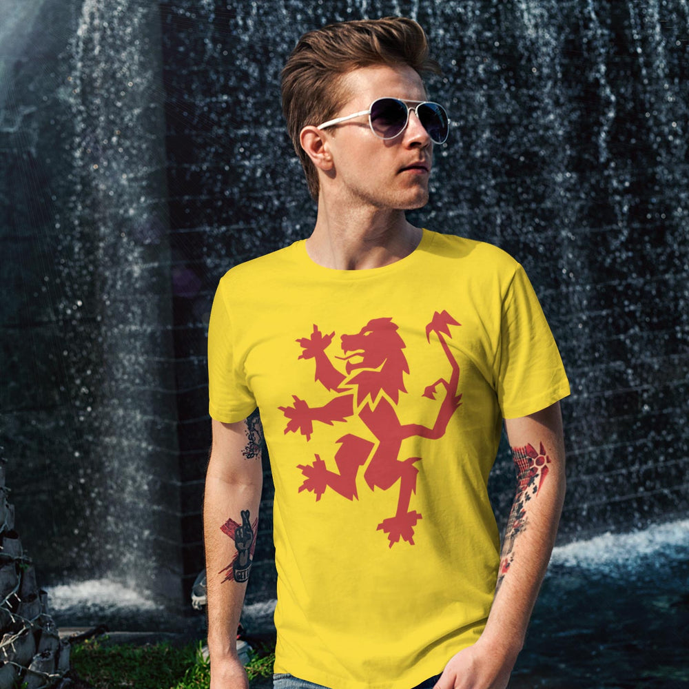 man wearing the lion rampant design tshirt