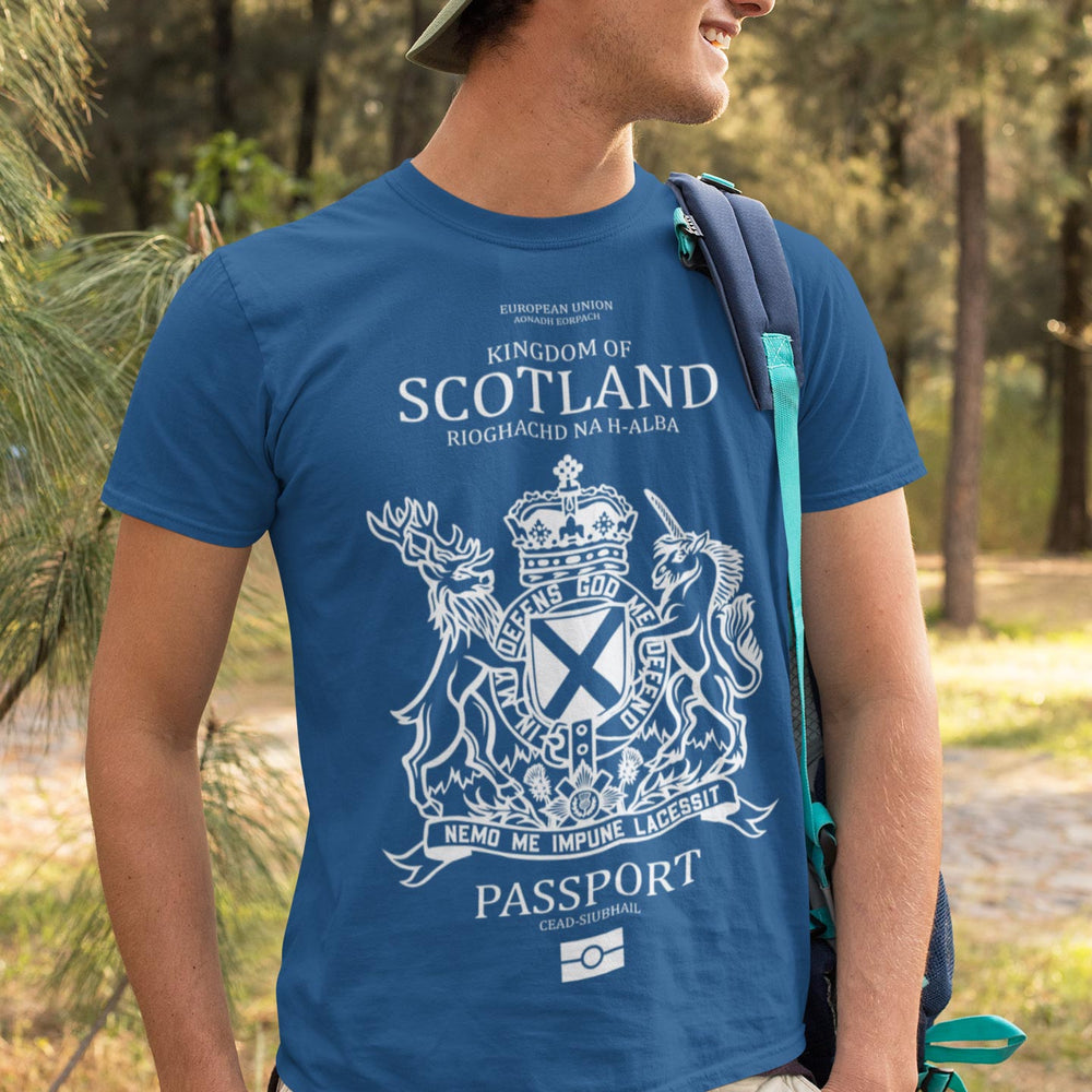 
                  
                    man wearing the scottish passport design tshirt
                  
                